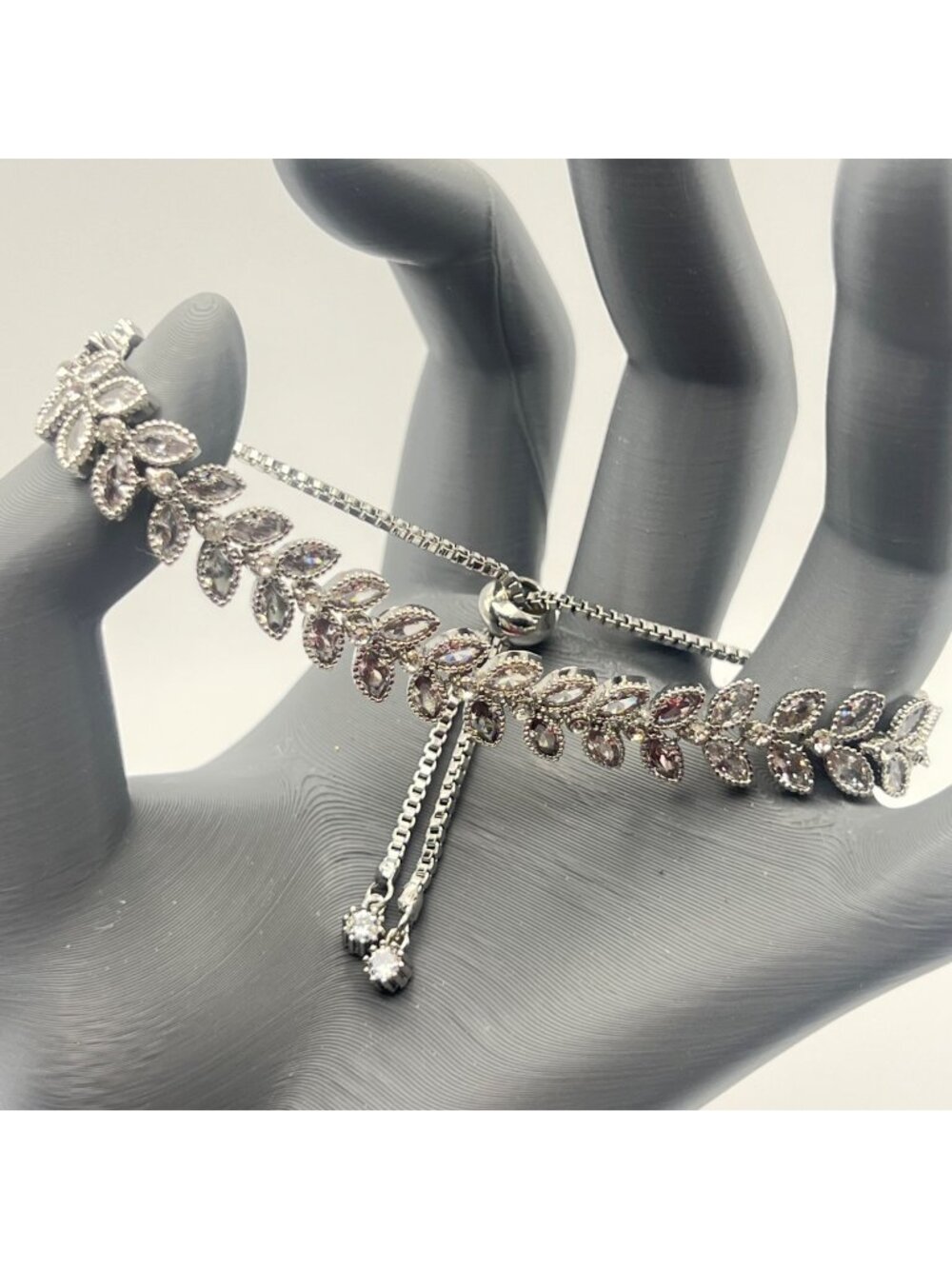 Adjustable Leaf Cubic Zirconia Bracelet Silver-Tone Slider Closure Bolo to 9.5"